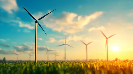 Fototapeta premium Wind Turbines in a Green Field Under a Blue Sky at Sunset Renewable Energy Concept