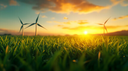 Wind Turbines in Green Field at Sunrise Generate Clean and Sustainable Energy