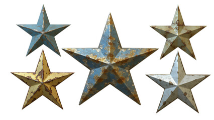 Obraz premium Rustic metal stars weathered vintage patriotic decor elements isolated transparent background, Vintage Americana Weathered Metal Stars for Rustic Decor (Isolated PNG),Rustic Metal Stars Collection