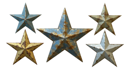 Rustic metal stars weathered vintage patriotic decor elements isolated transparent background, Vintage Americana Weathered Metal Stars for Rustic Decor (Isolated PNG),Rustic Metal Stars Collection