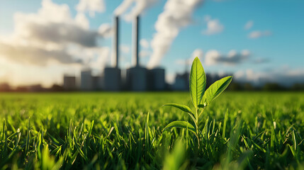 Young Green Plant Growth Against Blurred Power Plant in Background at Daytime
