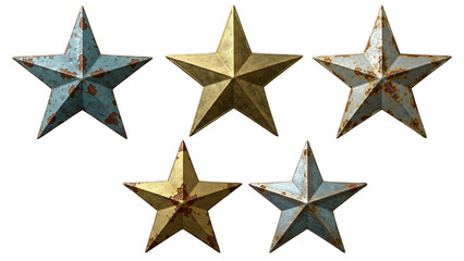 Fototapeta premium Rustic metal stars weathered vintage patriotic decor elements isolated transparent background,Vintage Americana Weathered Metal Stars for Rustic Decor (Isolated PNG),Rustic Metal Stars Collection,tp