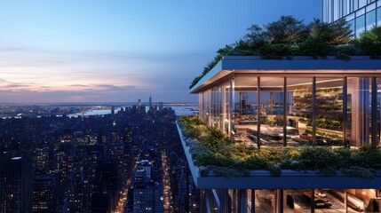 Obraz premium A scenic rooftop escape atop a skyscraper, featuring a sleek design, lush greenery, and a breathtaking city view under a twilight sky. 
