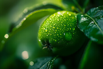Close-up of dewy green apples on a tree, nestled among vibrant green leaves.