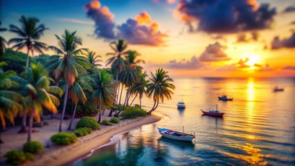 Obraz premium Idyllic Sunset: Tilt-Shift Coconut Palm Forest & Boats on Tropical Island