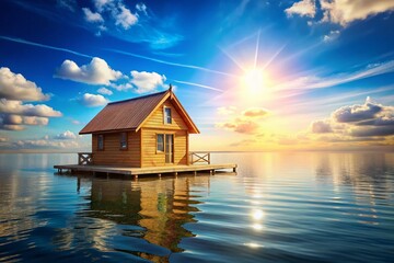Fototapeta premium Idyllic Summer Scene: 3D Render of Miniature Wooden House Floating on Calm Water Under a Blue Sky