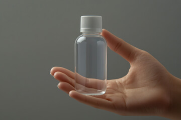 Close-up of fingers holding transparent hand wash bottle with a white cap on gray background.