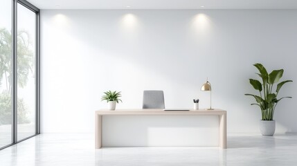 Fototapeta premium Minimalist office workspace with a wooden desk, chair, and green plants in a bright modern room.