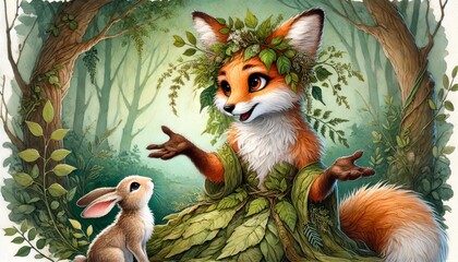 Fototapeta premium Anthropomorphic fox dressed in forest attire talking to a rabbit in a magical woodland setting, perfect for children's book 