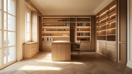 Sunlit Home Office, Wooden Design, Library, French Doors,  Architectural Digest Style