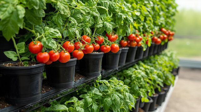 Productive vertical garden with heirloom and pomato plants