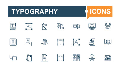 Typography icon set. Includes thin line tool, art, paintbrush, element, digital, creativity, brain, studio. Thin icon design. Vector icons editable stroke.