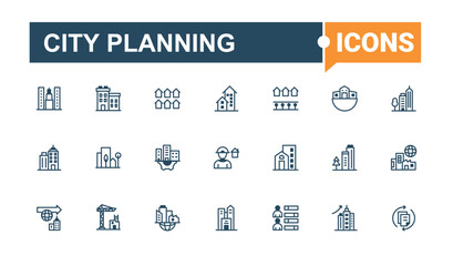 Set of City Planning line icons. Includes thin line courthouse, structure, urban, architecture, development, bank, app, contour and more. Pixel perfect. Vector icons editable stroke.