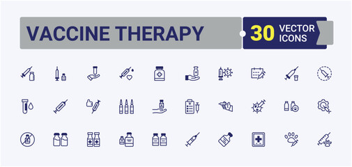 Vaccine Therapy minimal icon set. Related to treatment, disease, hospital, clinic, corona, certificate, stage and more. Minimal icons. Editable vector illustration.