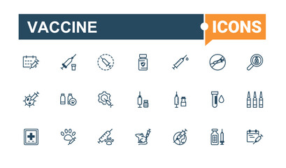 Vaccine icons. Featuring dose, virus, hospital, therapy, covid, man, health, hand. Icon design. Minimalist editable vector stroke.