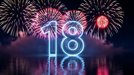 A neon blue number 18 with fireworks, symbolizing an 18th birthday, coming of age, or special celebration