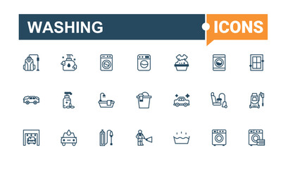 Washing set of modern icons. Contains related to bubble, soap, cleaner, water, equipment, antiseptic and more. Web icons. Editable vector outline and solid icons.