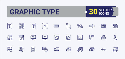 Graphic Type icon collection. Includes icons for project, Typography, idea, process, brain, artist, portfolio, photo, element. Minimal icon. Modern vector illustration.