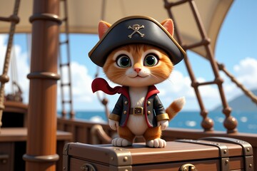 Adorable Cartoon Cat Pirate on Ship s Deck Treasure Chest 3D Render