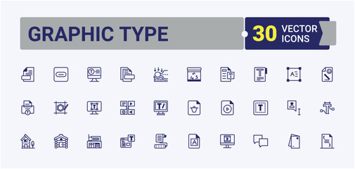 Graphic Type icon collection. Includes icons for project, Typography, idea, process, brain, artist, portfolio, photo, element. Minimal icon. Modern vector illustration.