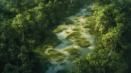 Serene Aerial View of Lush Green Wetland with Tranquil Reflection