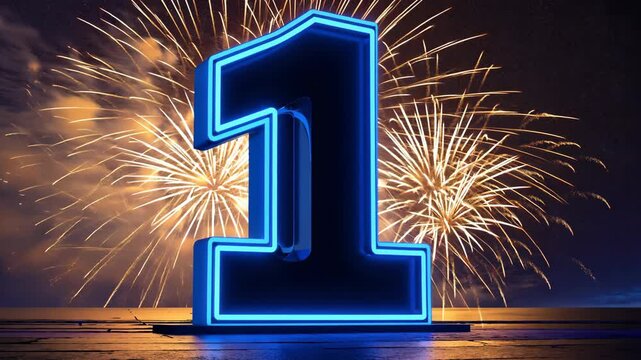 A glowing neon blue number 1 with fireworks, symbolizing first place, milestone, or anniversary event