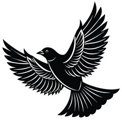 Fototapeta premium A fully black silhouette of a bird, depicted either in mid-flight with its wings gracefully spread wide or perched on a branch in a relaxed posture. 