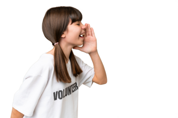 Little volunteer girl over isolated background shouting with mouth wide open to the side