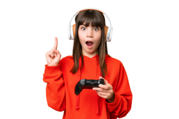 Little caucasian girl playing with a video game controller over isolated background thinking an idea pointing the finger up