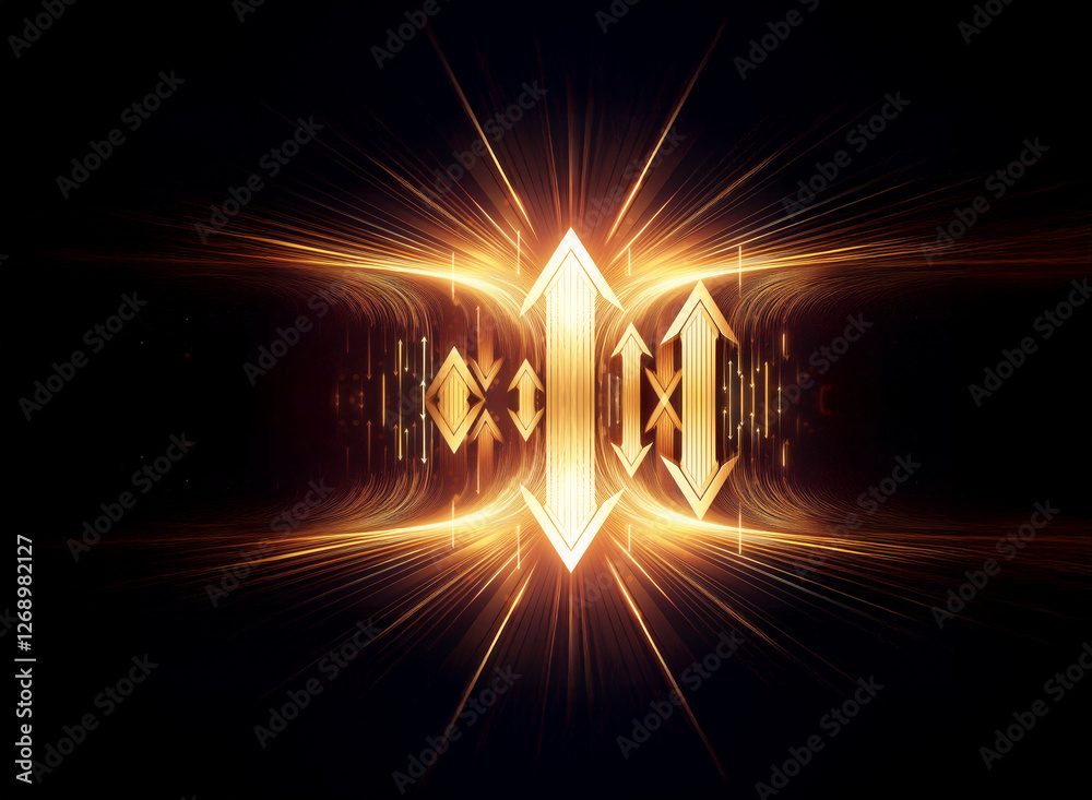 Aufkleber golden abstract shapes, resembling arrows, radiate bright light on a dark background, creating a dyn
