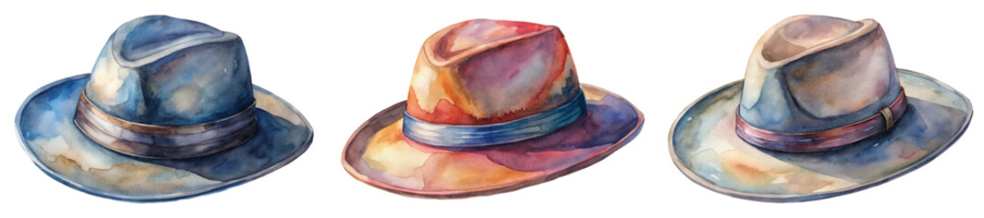 Watercolor hats illustration, stylish headwear, artistic design, fashion accessories, vibrant colors, creative artwork.