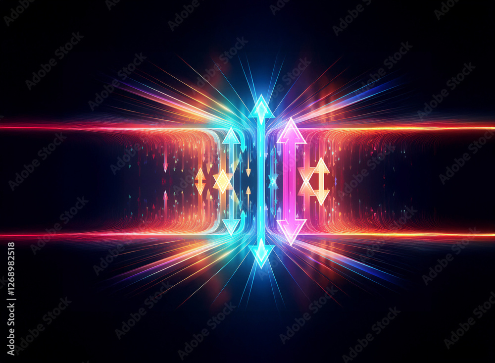 Aufkleber Abstract image featuring glowing arrows pointing in opposite directions, emanating vibrant light rays on a dark background, creating a dynamic and futuristic effect.