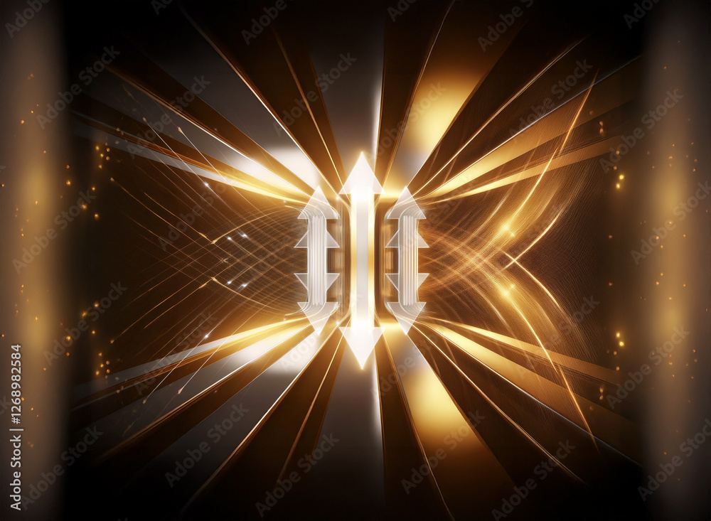 Fototapete Abstract digital artwork featuring central white arrow shapes with radiating golden and brown lines, creating a dynamic and illuminated effect on a dark backdrop.