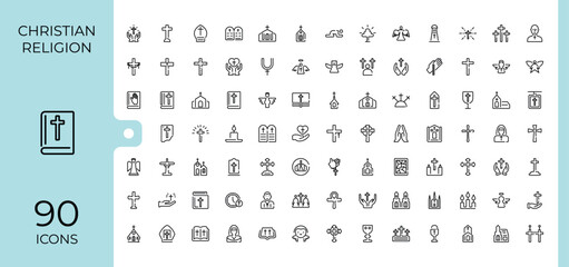Set of Christian Religion line icons. Contains such icons as christianity, holy, catholicism, peace, spirit, easter and more. Minimal linear icons. Minimalist editable vector stroke.