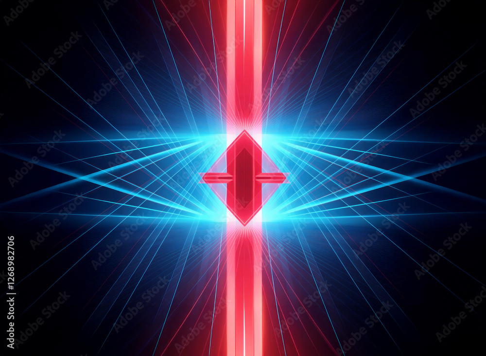 Poster abstract red geometric form at the center radiates bright blue light beams on a dark background, cre