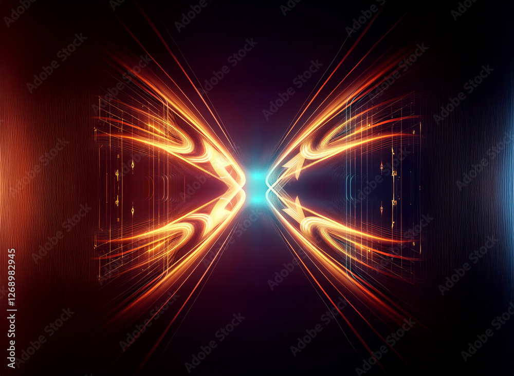 Poster abstract symmetrical design with vibrant orange and blue light trails on a dark background. convergi