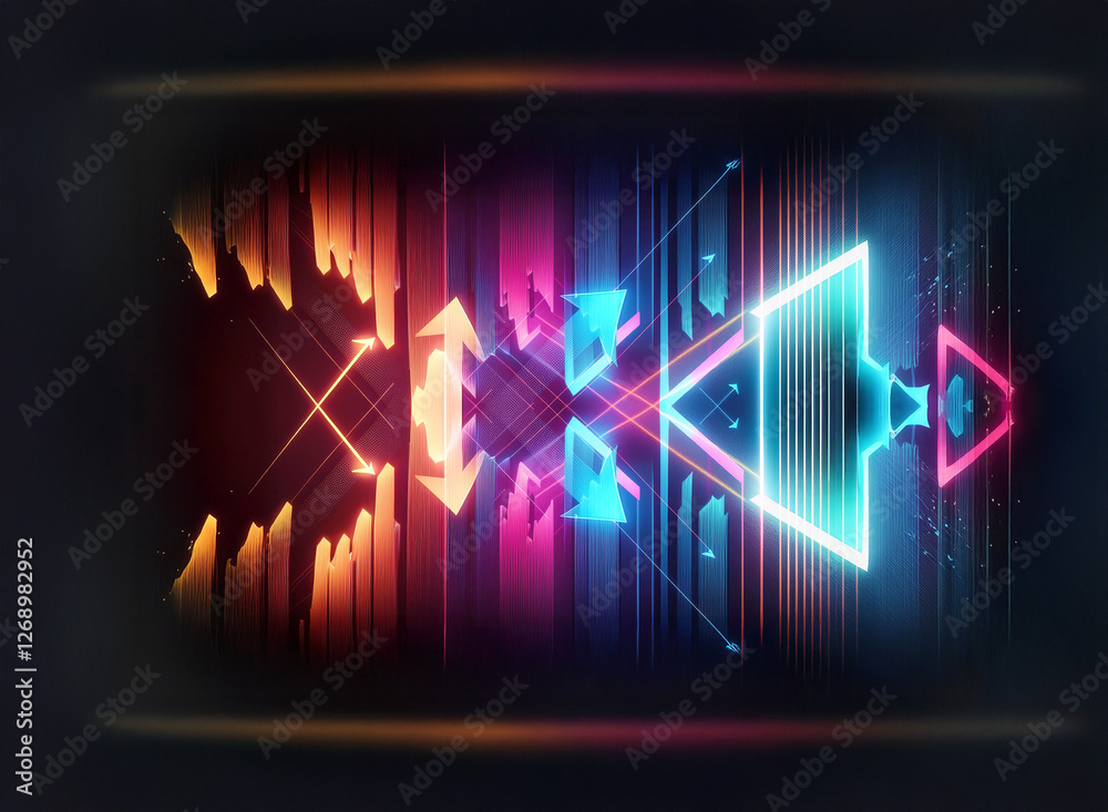 Aufkleber Abstract geometric composition with neon lights against a dark backdrop. Vibrant colors create a futuristic and digital art piece.