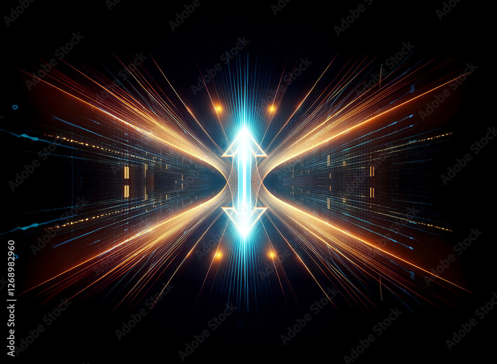 Poster Abstract image featuring dynamic light streaks of orange and blue emanating from central arrows on a dark background, creating a futuristic feel.