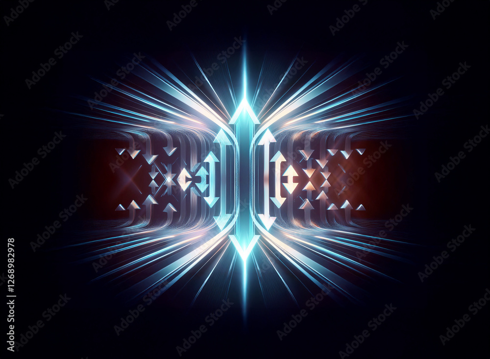 Poster Abstract image with glowing blue and orange arrows emanating from a central point, creating a dynamic, futuristic effect on a dark background.