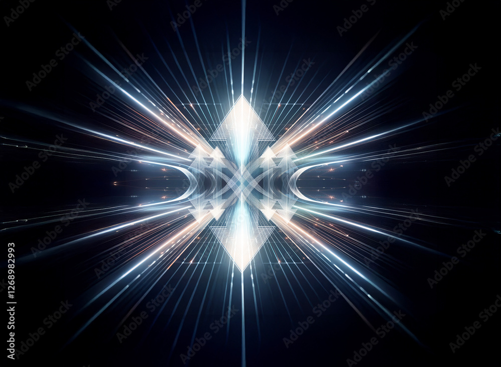 Leinwandbilder abstract geometric design featuring a central diamond shape emitting radiant light rays in blue, whi