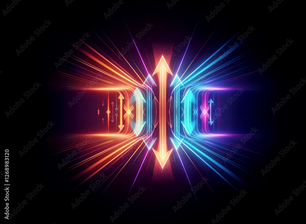 Poster Abstract digital art with vibrant glowing lines and arrows in orange and blue on a black backdrop, creating a dynamic and energetic visual.