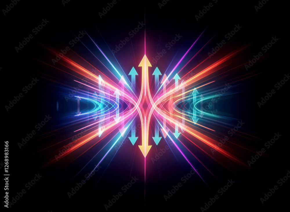 Poster Abstract image features vibrant light trails converging towards the center with blue arrows pointing inwards and orange arrows pointing outwards, all against a stark black backdrop.