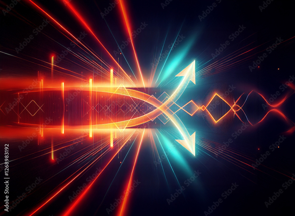 Poster Abstract image featuring vibrant, glowing arrows diverging in opposite directions. Dynamic light streaks and geometric patterns suggest motion and energy on a dark backdrop.