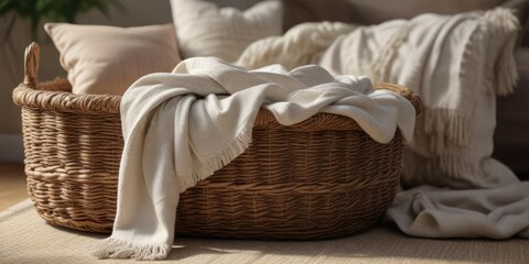 Fototapeta premium Cozy throw blanket and pillows on a woven basket , home furnishings, cozy throw blanket, soothing colors