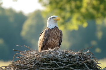 Majestic Bald Eagle Perched on Nest in Tranquil Natural Habitat