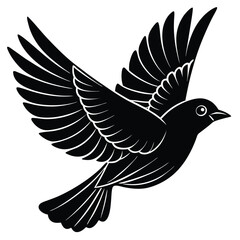 A fully black silhouette of a bird, depicted either in mid-flight with its wings gracefully spread wide or perched on a branch in a relaxed posture.  