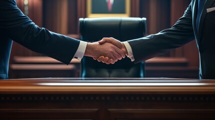 Fototapeta premium A Cautious Pact: Clasped Hands Across an Imposing Desk