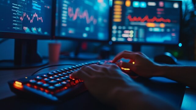 Night trading session at a workstation with multiple monitors showing stock charts