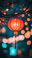A glowing red lantern hangs amidst a backdrop of soft, colorful lights, creating a festive atmosphere.