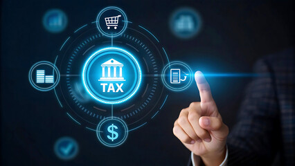 Electronic Taxation and Digital Economy Finger Touching a Virtual Button with Glowing Symbols